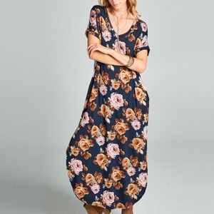 Love Kuza | Moody Floral Hip Pockets Side Slits Soft Jersey Stretchy Maxi Dress